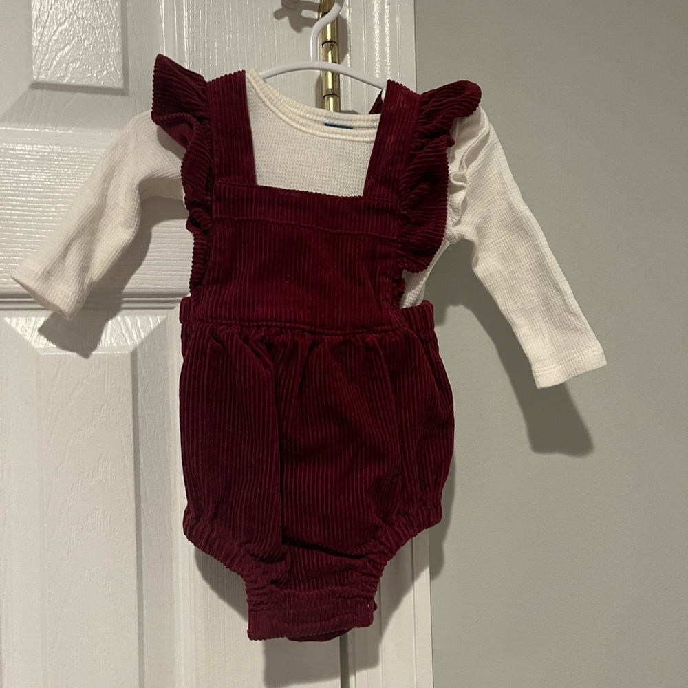 Old navy 2 piece: burgundy corduroy romper and long sleeve off white body suit.